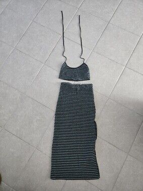 Free People Strapless Knit Two-Piece Dress in Black & Teal